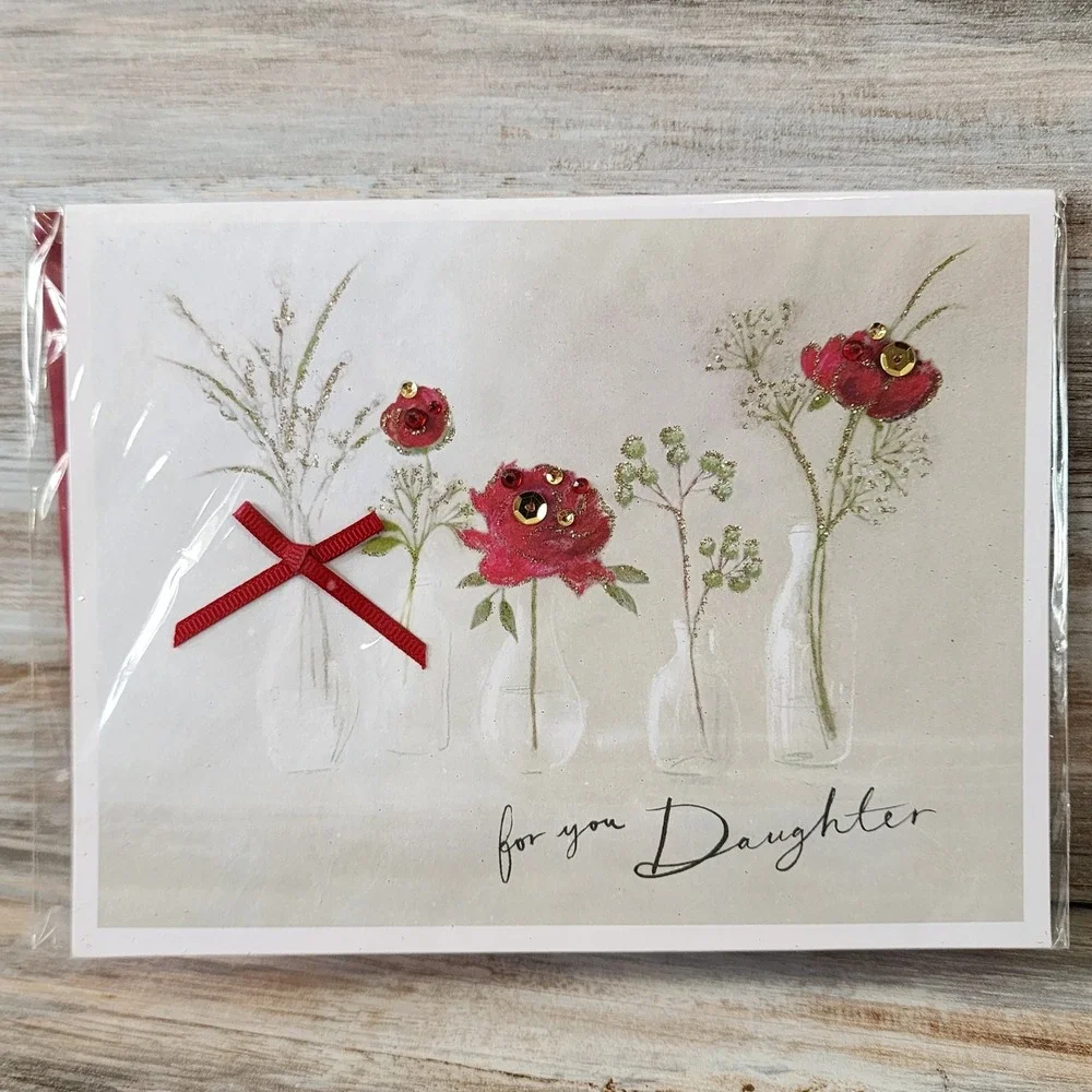 Papyrus Clintons of London Daughter Valentine Card Red Flowers Sequins Ribbon